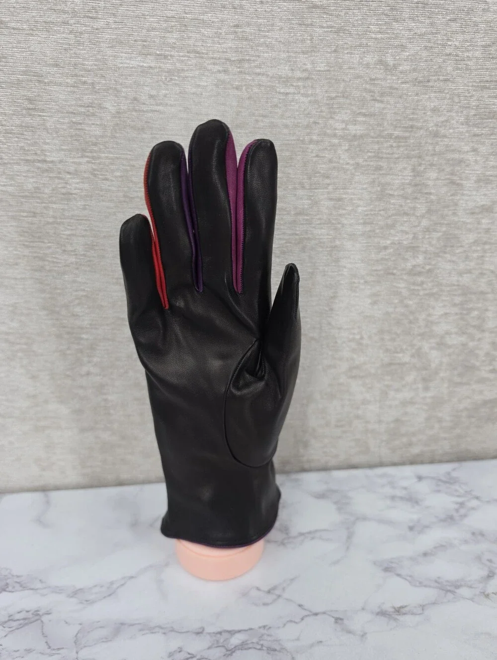 Vintage Black Leather Gloves with Purple & Red Accent Dress Or Driving Gloves